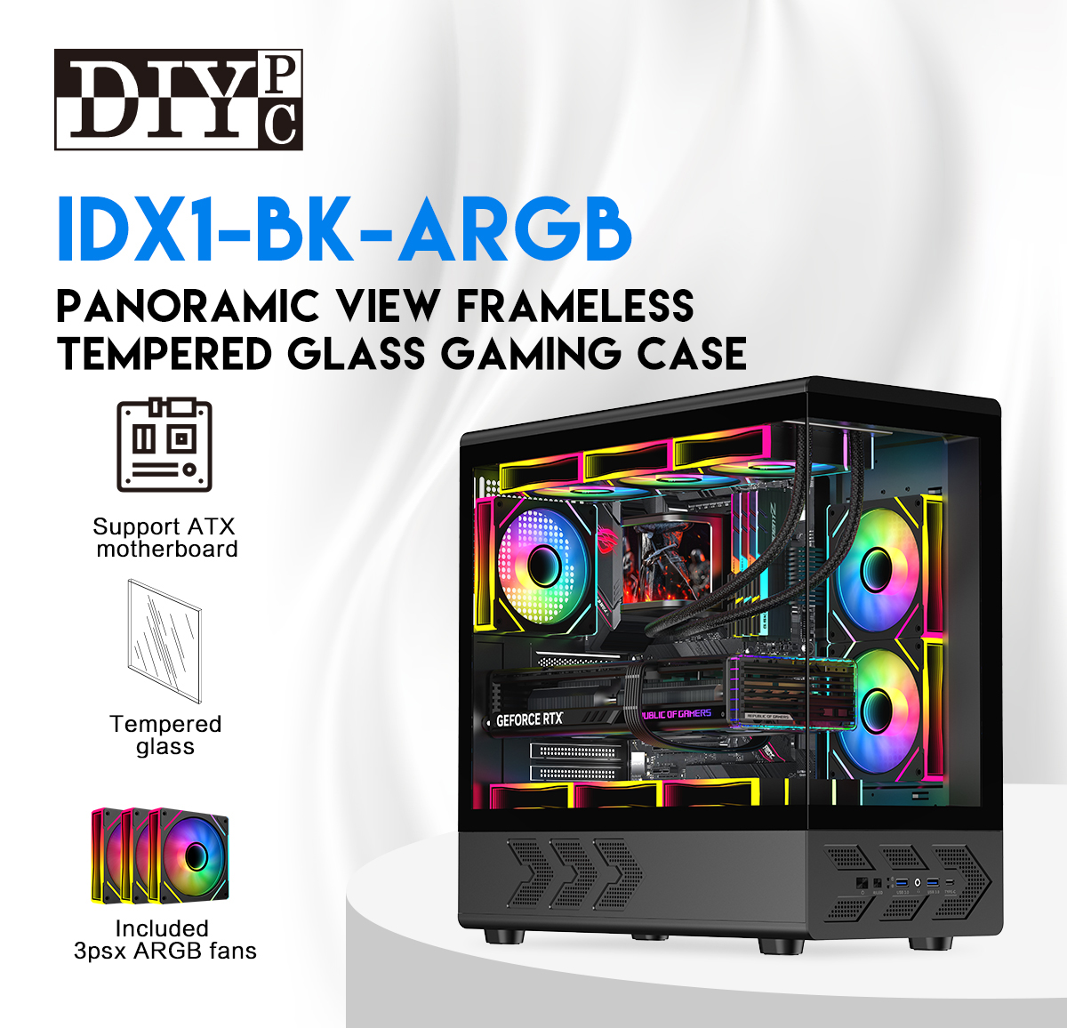 DIYPC IDX1-BK-ARGB Black USB3.0/ Type C Tempered Glass ATX Gaming